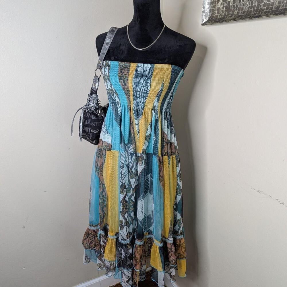 J. Gee Blue yellow white strapless dress